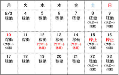休業スケジュール(2020年8月)