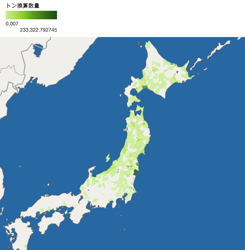 1-2.北海道・東北ブロックで排出した産業廃棄物の処分を受託した量（地図）